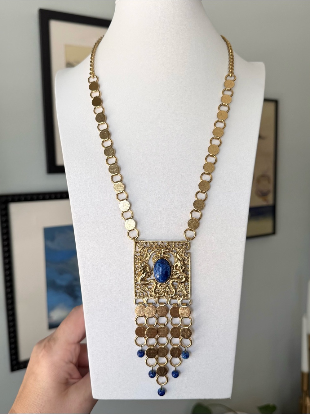 Vintage Faux Lapis Glass Cabochon Dangle Drop Dragon Pendant Necklace 1960's